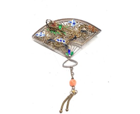 chinese silver &amp; enamel dragon brooch measures approx 6.5cm drop by 4.6cnm wide