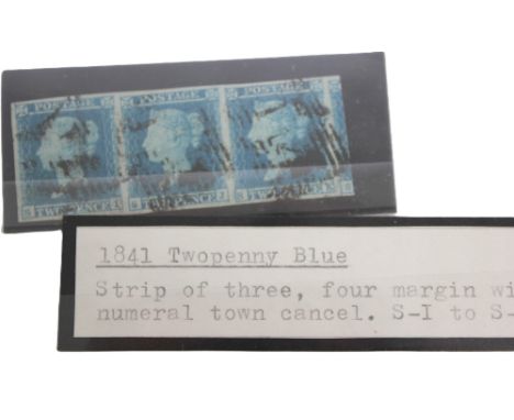 Strip of 3 1841 twopenny Blue stamps. All with four good margins, lettered S-I to S-K,&nbsp; showing part of adjoining stamp 
