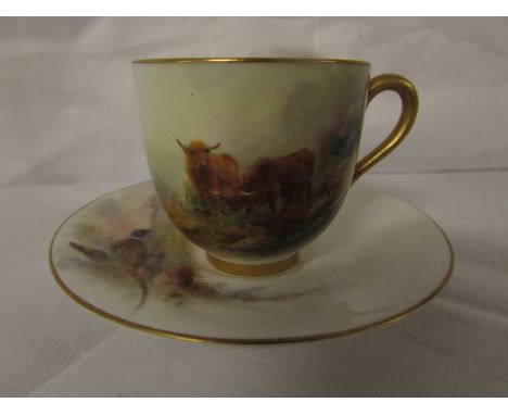 Royal Worcester cabinet cup painted with cattle and signed H Stinton, gilding, puce factory transfer mark, painted numbers W9