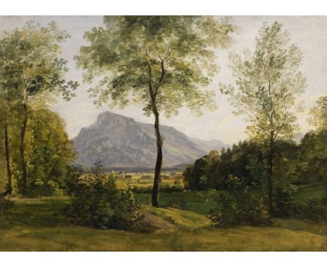 Johann Georg von Dillis     1759 Gmain - 1841 München Landschaft mit dem Untersberg bei Salzburg. Um 1800-1810. Öl auf Bütten