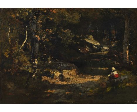 Narcisse-Virgile Diaz de la Pena     1808 Bordeaux - 1876 Menton Femme assise sur un tronc d'arbre / Sous-bois à Fontaineblea