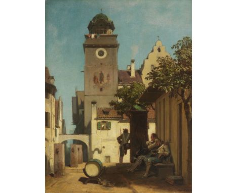 Carl Spitzweg     1808 München - 1885 München Die Stadtwache. Um 1850/55. Öl auf Holz.  Wichmann 124. Rechts unten mit dem ve