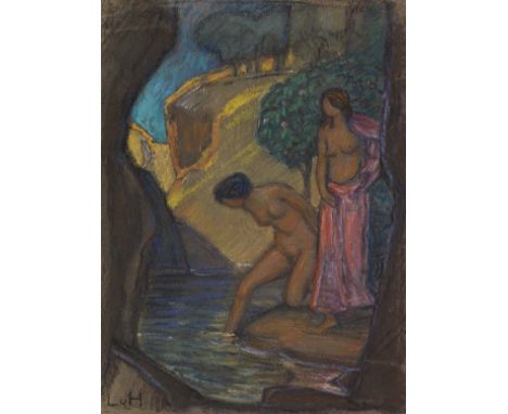 Ludwig von Hofmann     1861 Darmstadt - 1945 Pillnitz Grotte mit badenden Frauen. Um 1900. Pastell.  Links unten monogrammier