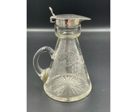 Antique Clear Glass Lidded Pitcher with Etched Grape Vine Motif