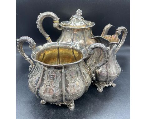 A substantial Victorian silver tea service with sugar bowl, milk jug and teapot by IW hallmarked for 1849 (Total Weight appro