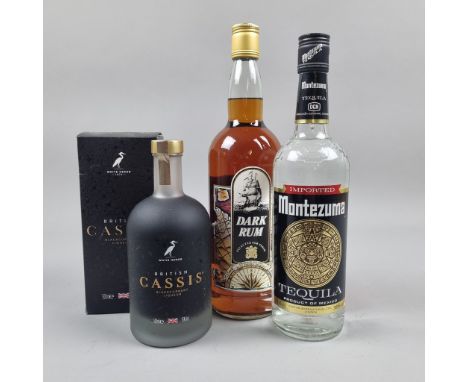 3 Bottles Spirits comprising:   White Heron British Cassis Blackcurrant Liqueur,  Dark Rum Selected for Tesco 1 Litre,  Monte