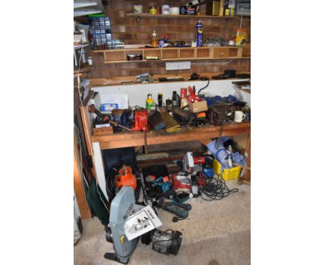 Tools including Delta bandsaw, Makita cordless drill, sheet metal rolls, spanners, files, socket sets, three vices and a benc