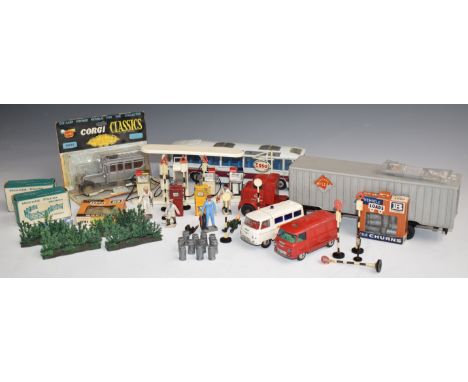 A collection of Corgi Toys, Dinky Toys and similar diecast model vehicles and accessories including Corgi Classics 1912 Rolls