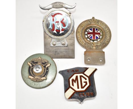 Three vintage or classic car badges comprising RAC example numbered N49168, with enamel centre and marked D.G.Collins Ltd Lon