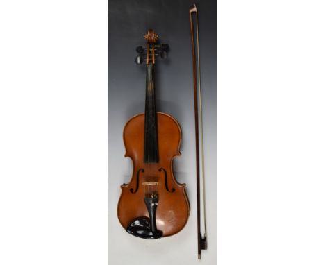 Mid 20thC violin with bridge and post in place, fitted with new Dogal strings, 35.5cm two piece back, in original case with b