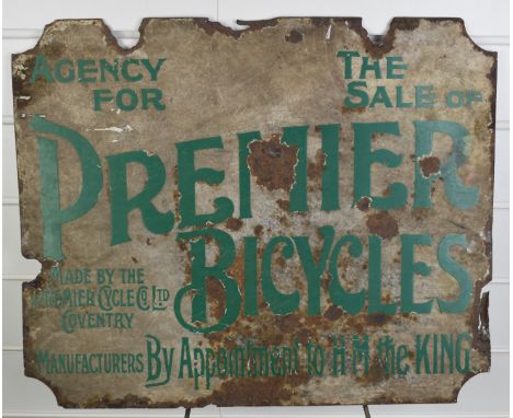 Vintage double sided enamel advertising sign 'Agency for the sale of Premier Bicycles', made by the Premier Cycle Co Ltd, Cov