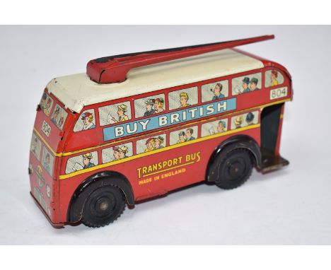 Brimtoy tinplate friction powered trolley bus with 'Buy British Transport Bus Made in England British Toys are Best 804' lith