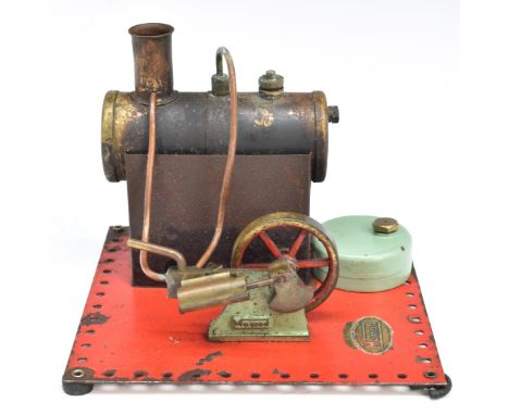 Postwar Mamod SE2 live steam engine with exhaust throttle and spoke flywheel, the Mamod logo cast into the frame