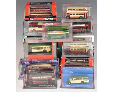 Sixteen Corgi Original Omnibus Company (OOC) diecast model buses, coaches and bus sets, all in original display boxes.&nbsp;