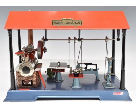 Wilesco model D141 live steam powered workshop with D14 overtype steam engine with line shaft, drill, circular bench saw and 