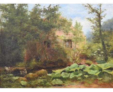 R Walker 19thC oil on canvas landscape with mill or similar building and ducks on pond, signed lower right, 30 x 40cm, in orn