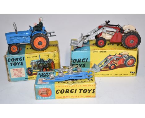 Three Corgi Toys diecast model vehicles Massey-Ferguson 65 Tractor with Fork 57, Fordson 'Power Major' Tractor 60 and Four Fu
