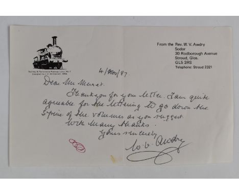The Rev. Awdry [Creator of Thomas Tank Engine] signed autograph letter to Mrs. Merrett (Anne Weare, binder) dated 1987 in whi