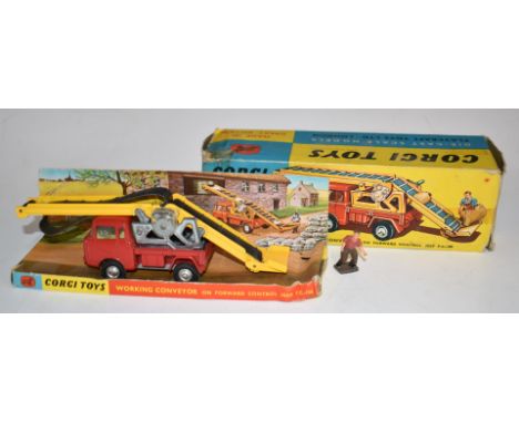 Corgi Toys diecast model Working Conveyor on Forward Control Jeep F.C.-150 with red body, yellow conveyor and farmhand figure