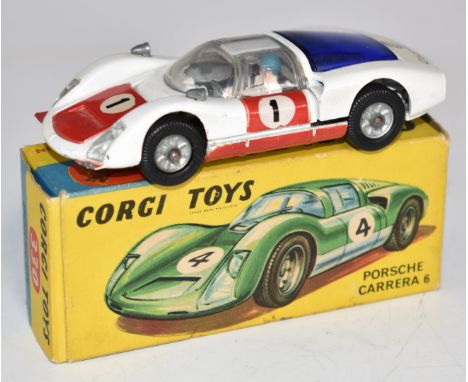 Corgi Toys diecast model Porsche Carrera 6 with white body, red bonnet and doors, blue engine cover, black interior and racin