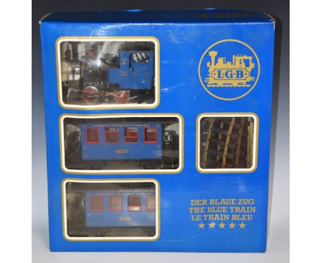 Lehmann Gross Bahn (LGB) G gauge model railway train set The Blue Train with 0-4-0 tank locomotive, two matching coaches, tra