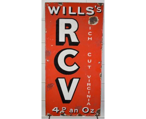 Vintage Wills's RCV (Rich Cut Virginia) enamel advertising sign, 51 x 25cm