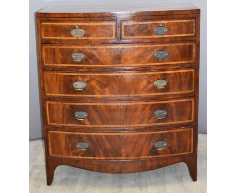 Georgian mahogany and satinwood crossbanded bow front&nbsp;chest of two over four drawers, W 105 x D 55 x H 120cm