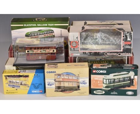 Eleven mainly Corgi diecast model trams including Corgi Classics, Original Omnibus Company (OOC), Trams of The World, Dobsun'