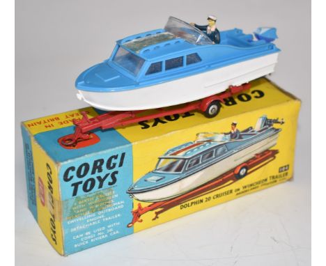 Corgi Toys diecast model Dolphin 20 Cruiser on Wincheon Trailer Brookland Aviation Ltd with white and blue body and red trail