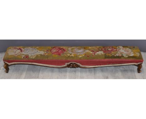 19thC elongated mahogany footstool with tapestry top, W128 x D24 x H12cm