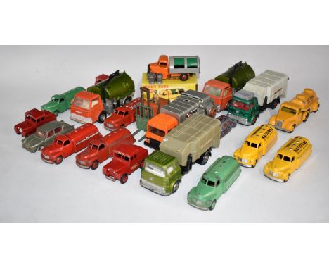 Twenty Dinky Toys diecast model commercial vehicles including National Benzole Mixture, Mobilgas and Castrol tankers, Mersey 