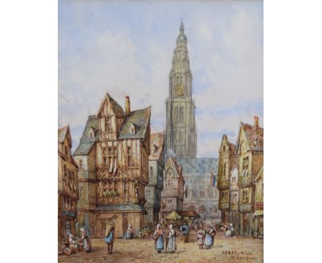 M. Shafer watercolour townscape Arras France, signed and titled lower right, 25 x 20cm, in gilt frame