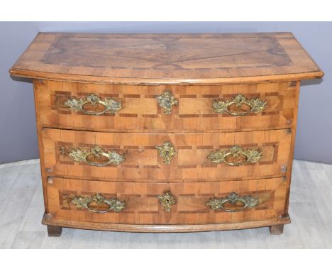 18th or early 20th century continental marquetry bow fronted chest of three drawers, W120 x D 65 x H77cm