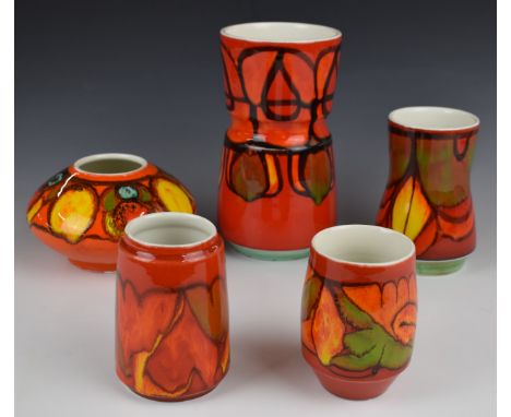 Five Poole Pottery Delphis vases and bowl, all with Poole backstamp, model numbers and painter's monograms, height of tallest