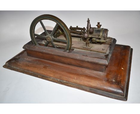 19thC live steam single cylinder mill engine with flyball governor, on wooden base, L48cm