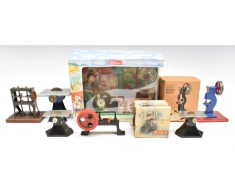 Quantity of toy live steam engine driven models including a Mamod power press, Murtum saw, water pump by Wilesco and hammer p