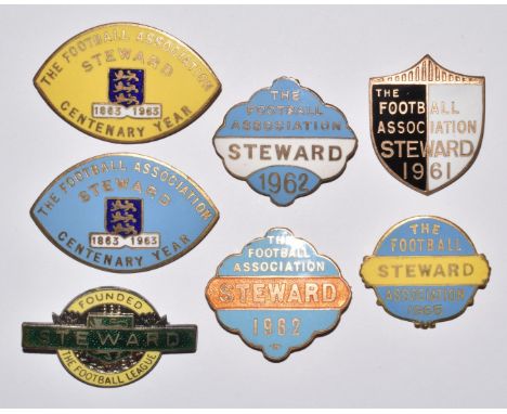 Seven The Football Association enamel Steward badges comprising 1961, two 1962, two 1963 Centenary Year, 1965 and one other