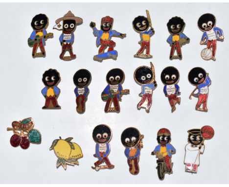Eighteen vintage enamel Robertson Golden Shred and Silver Shred golly badges, including Scout, fruit, skateboarder, musicians