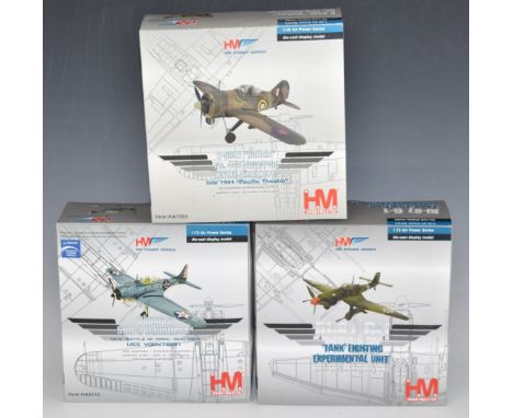 Three Hobby Master Air Power Series 1:48 and 1:72 scale diecast model aeroplanes B-339E Buffalo HA7002, JU-87 G-1 HA0110 and 