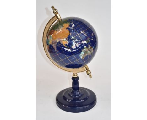 Pietra dura globe, on blue base, height 43cm