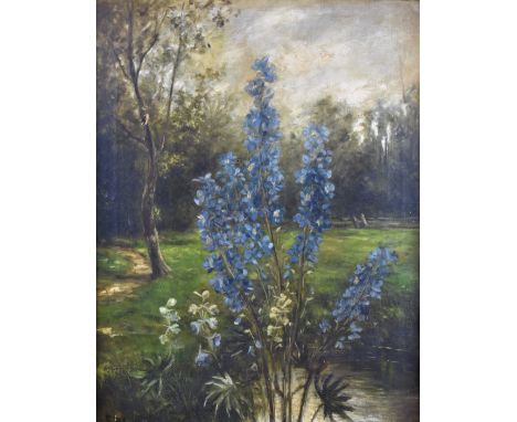Oil on canvas garden landscape with flowers to foreground, indistinctly signed lower left, 58 x 45cm, in gilt and green stain