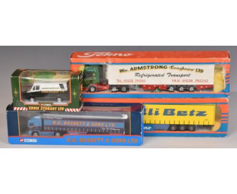 Four Corgi and Tekno diecast model vehicles comprising The British Collection Armstrong 80, Willi Betz, R G Bassett &amp; Son