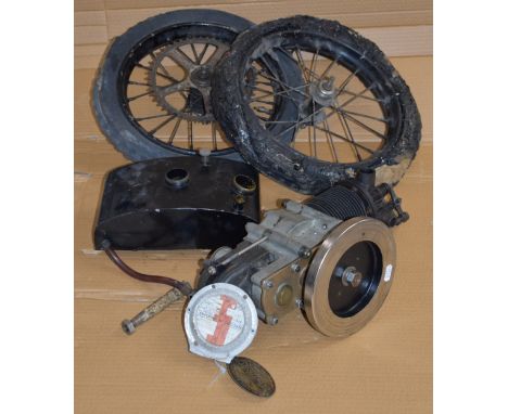 ABC Skootamota project comprising OHV engine number 2460, with CAV magneto attached, pair of wheels, fuel tank, 1930 tax disc