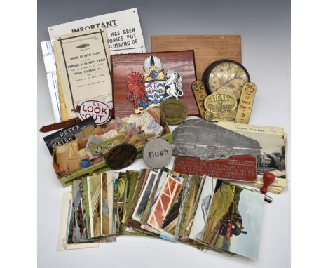 Railwayana and collectables to include signal box lever plates, BR lookout enamel armband, tickets, records, Western Cavalier