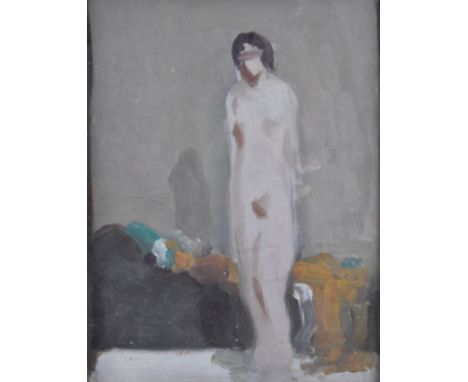 Blake Baldwin (1885-1915) oil on board standing nude, 17 x 13cm, with Michael Parkin Gallery label verso, from where the vend