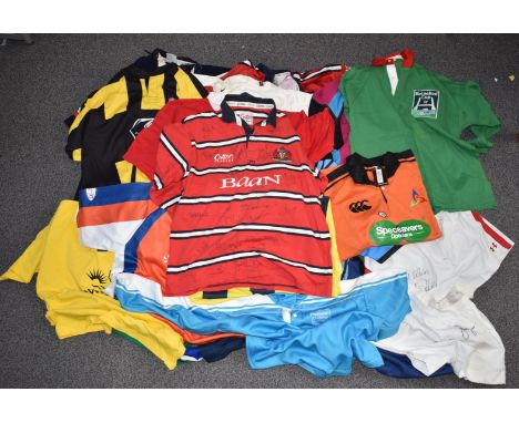 Approximately twenty items of Gloucester, Worcester and other rugby related clothing including a signed Gloucester shirt, Tre