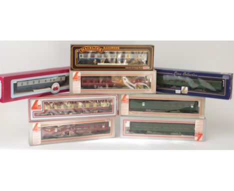 Eight Lima, Mainline and Dapol&nbsp;00 gauge model railway coaches, all in original boxes.&nbsp;