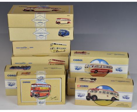 Ten Corgi diecast model buses including Commercials, Public Transport etc, all in original boxes.&nbsp;