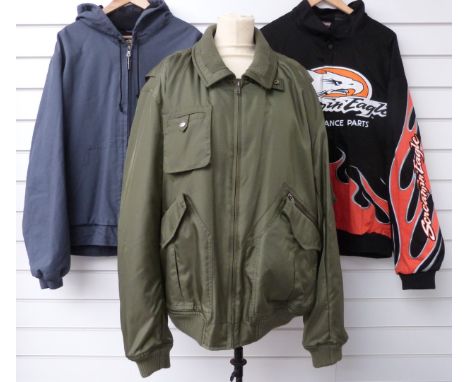 Three Harley Davidson motorcycle jackets including denim hoodie, 'Screamin Eagle Performance Parts' and a green coat with mot