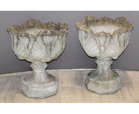 Pair of stone style garden planters with acanthus leaf decoration, diameter 51cm, height 59cm